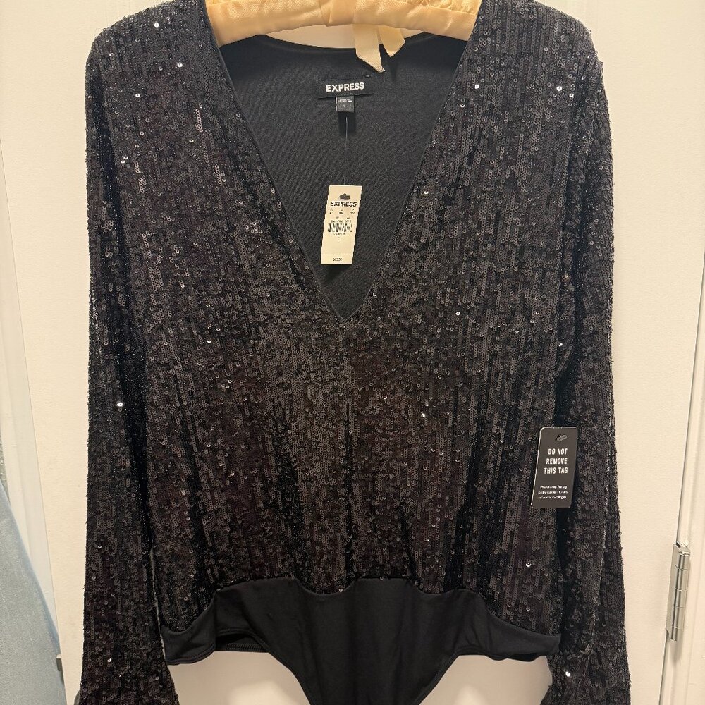 SEQUIN DEEP V-NECK THONG BODYSUIT